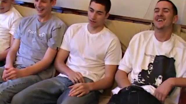 While watching a porn video, Levi, Gunner, Skylerr and Casper rub their crotches to get hard. When they strip off their clothes the boys expose their rock hard