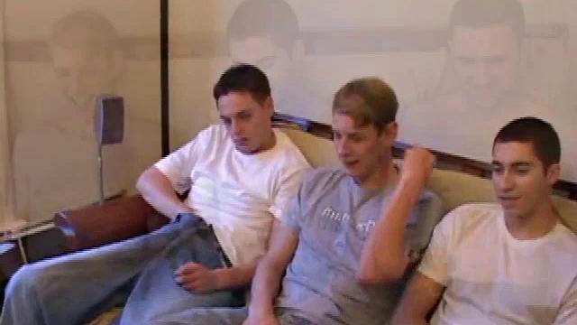 While watching a porn video, Levi, Gunner, Skylerr and Casper rub their crotches to get hard. When they strip off their clothes the boys expose their rock hard