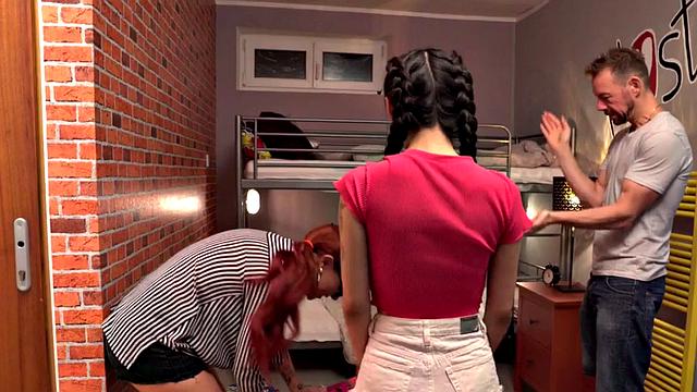 Japanese babe with glasses and tattoos joins mature couple in public hostel threesome