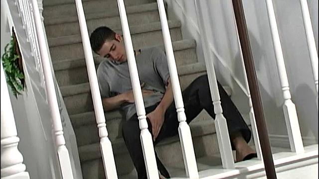 Skinny 18-year-old Blaine perches on the stairs and begins stripping naked for a solo jack off session. Wearing only a necklace, this twink works up a 7-inch boner and then starts stroking.