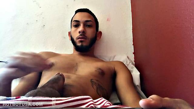 Brain works up a boner and then pushes down his shorts to free big dick and balls. Balls are literally rubbing against the laptop used to record this jerk off session.