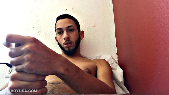 Brain works up a boner and then pushes down his shorts to free big dick and balls. Balls are literally rubbing against the laptop used to record this jerk off session.