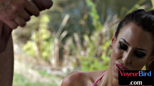 Big-titted voyeur watching wanker