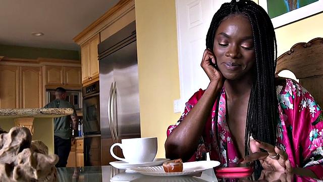 BDSM nympho ebony fucked by two white dicks in threesome