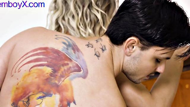 21yo Asian roseboy in stockings barebacked by a stud's cock