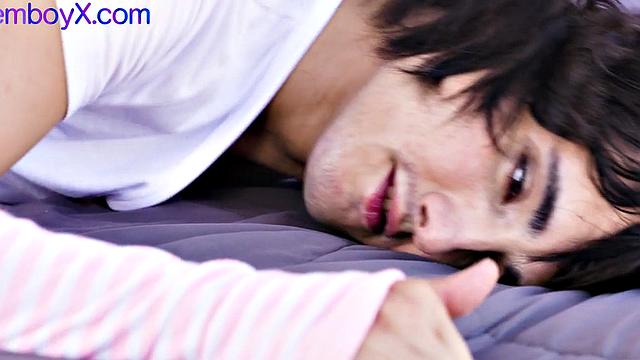 Upskirt femboi bends for lover