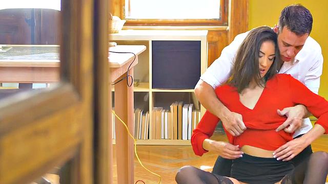 Stockings secretary riding boss after stroking his cock