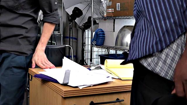 Curious dude savors first black dick in office, then gets a hairy ass-licking and deepthroat from a hot interracial duo