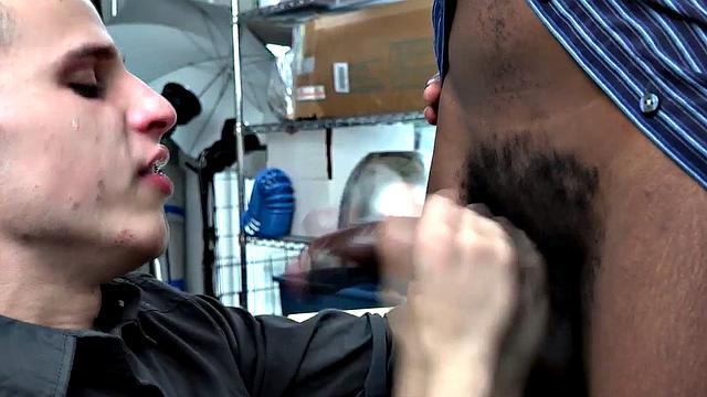 Curious dude savors first black dick in office, then gets a hairy ass-licking and deepthroat from a hot interracial duo