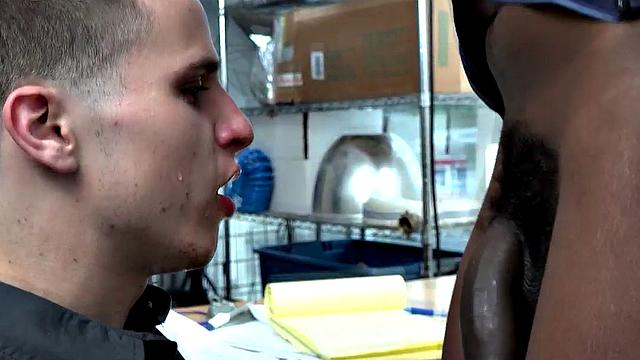 Curious dude savors first black dick in office, then gets a hairy ass-licking and deepthroat from a hot interracial duo