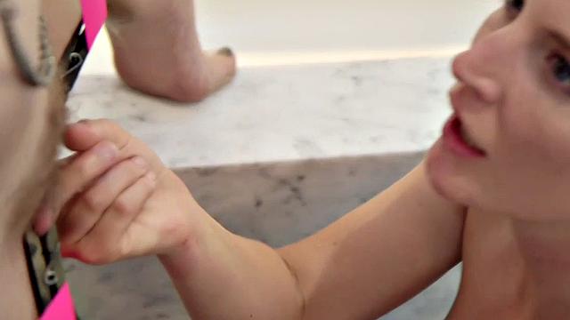 BDSM ballgagged slut squirts in 3way after pussy clamps