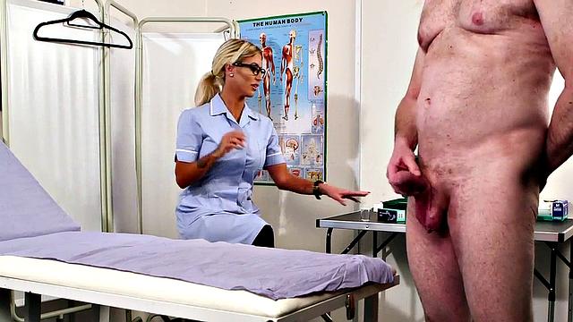 Voyeur CFNM nurse in lingerie and heels leads guy to load