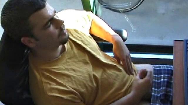 Young Tony returns for another solo session and after pulling off his pants he strokes up a stiff one, while watching some on his computer. After jacking off with determination, Tony strokes out another messy cum shot