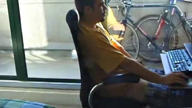 Young Tony returns for another solo session and after pulling off his pants he strokes up a stiff one, while watching some on his computer. After jacking off with determination, Tony strokes out another messy cum shot