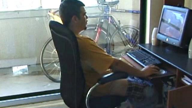 Young Tony returns for another solo session and after pulling off his pants he strokes up a stiff one, while watching some on his computer. After jacking off with determination, Tony strokes out another messy cum shot