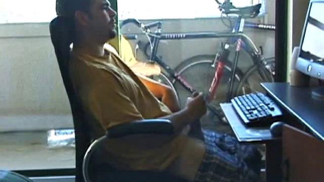 Young Tony returns for another solo session and after pulling off his pants he strokes up a stiff one, while watching some on his computer. After jacking off with determination, Tony strokes out another messy cum shot