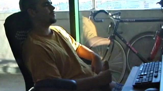 Young Tony returns for another solo session and after pulling off his pants he strokes up a stiff one, while watching some on his computer. After jacking off with determination, Tony strokes out another messy cum shot