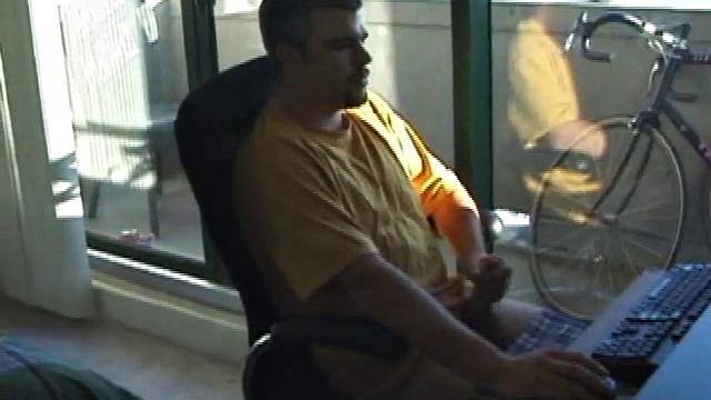 Young Tony returns for another solo session and after pulling off his pants he strokes up a stiff one, while watching some on his computer. After jacking off with determination, Tony strokes out another messy cum shot