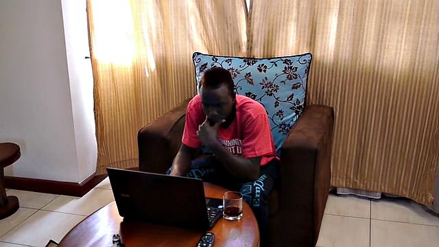 Amateur African twink jerks cock and fingers ass