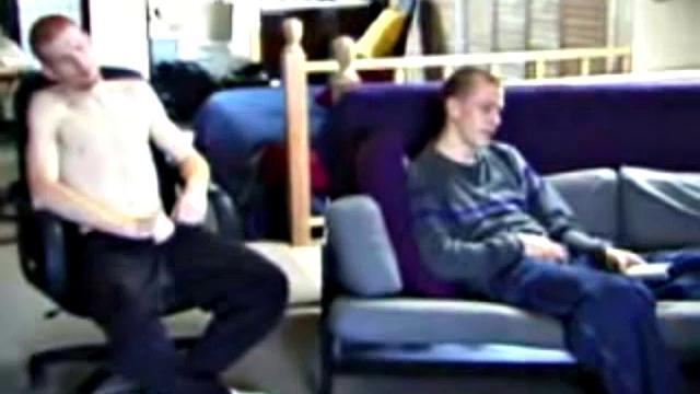These two straight boys decide to jack off again while watching a porn video, never once glancing at each other, but the curiosity is there and they're clearly turned on by the other's presence.
