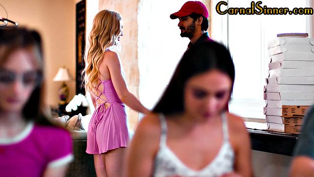 Petite blonde babe riding lucky guy