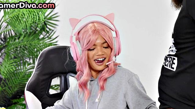 Deepthroating tattooed gamer got pussynailed after game