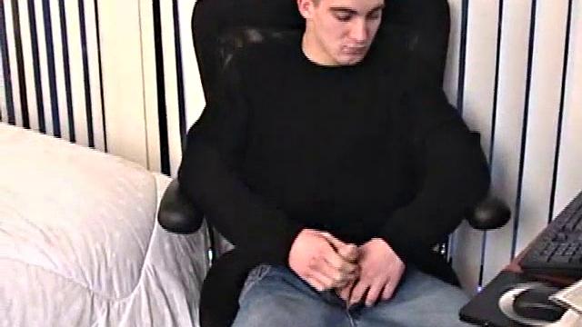 Parked in front of his computer, Darrell works his cock stiff thru his pants, before pulling it out. While watching some porn, he beats off with determination. After a while Darrell grabs and dumps his warm cum into a wine glass.