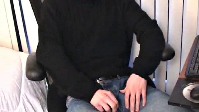 Parked in front of his computer, Darrell works his cock stiff thru his pants, before pulling it out. While watching some porn, he beats off with determination. After a while Darrell grabs and dumps his warm cum into a wine glass.