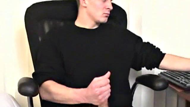 Parked in front of his computer, Darrell works his cock stiff thru his pants, before pulling it out. While watching some porn, he beats off with determination. After a while Darrell grabs and dumps his warm cum into a wine glass.