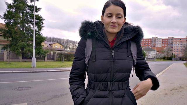 Lonely brunette shows tits before pickup and public sex