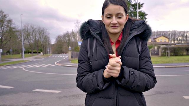 Lonely brunette shows tits before pickup and public sex