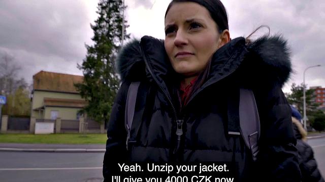 Lonely brunette shows tits before pickup and public sex