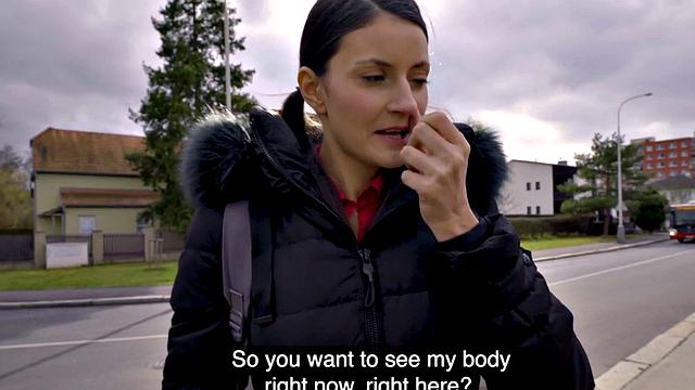 Lonely brunette shows tits before pickup and public sex