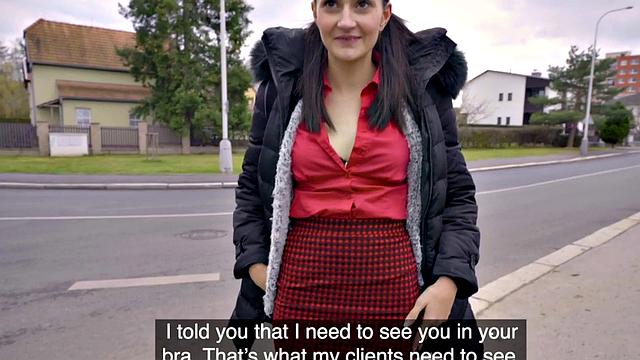 Lonely brunette shows tits before pickup and public sex