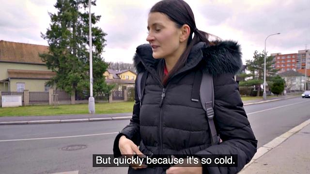 Lonely brunette shows tits before pickup and public sex