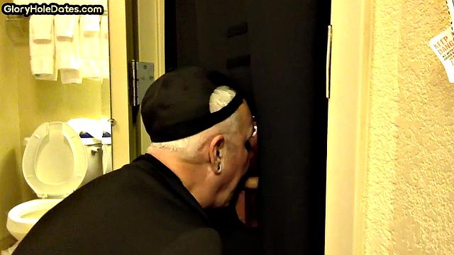 Gloryhole amateur DILF sucks penis at his home