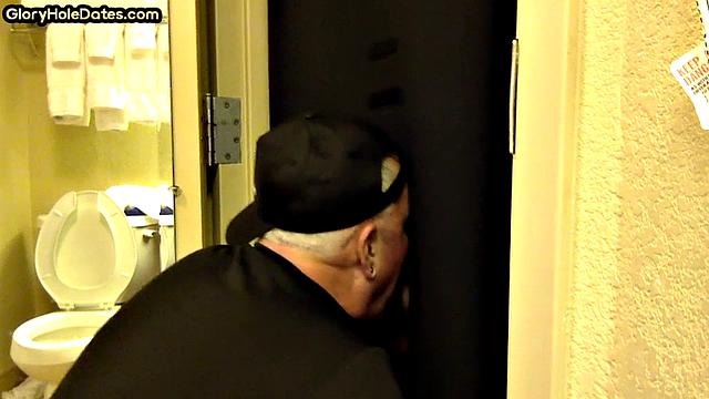 Gloryhole amateur DILF sucks penis at his home