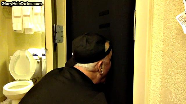 Gloryhole amateur DILF sucks penis at his home