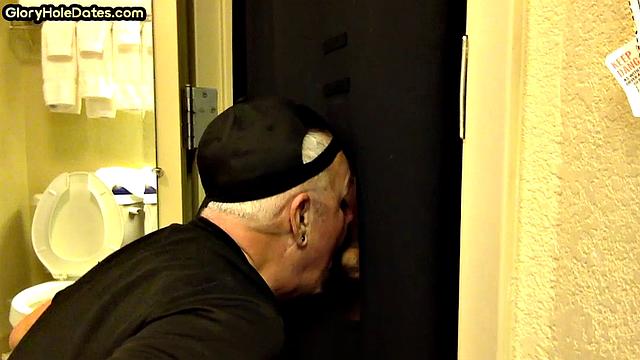 Gloryhole amateur DILF sucks penis at his home