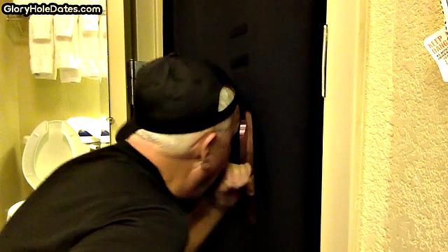 Gloryhole amateur DILF sucks penis at his home