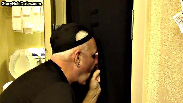 Gloryhole amateur DILF sucks penis at his home