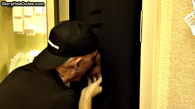 Gloryhole amateur DILF sucks penis at his home