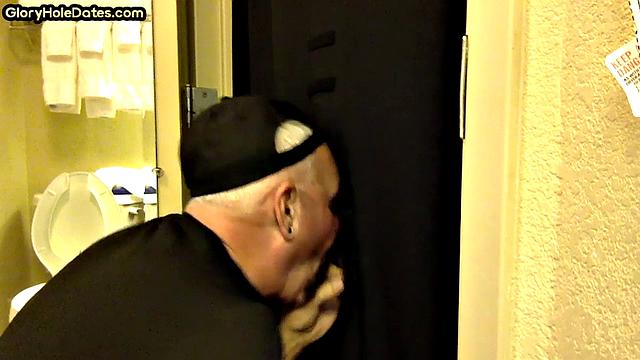 Gloryhole amateur DILF sucks penis at his home
