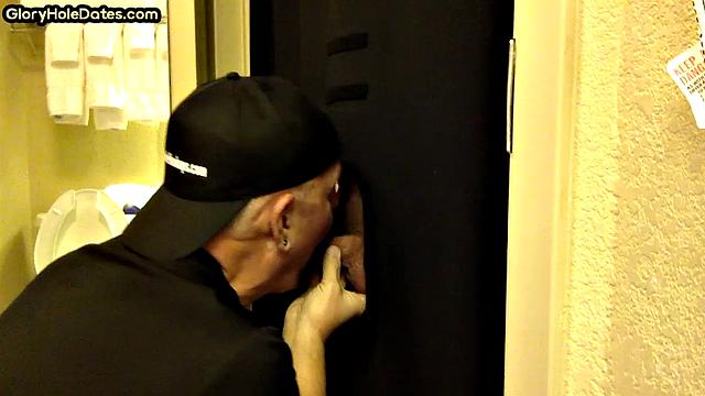 Gloryhole amateur DILF sucks penis at his home