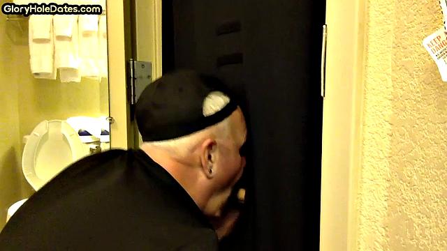 Gloryhole amateur DILF sucks penis at his home