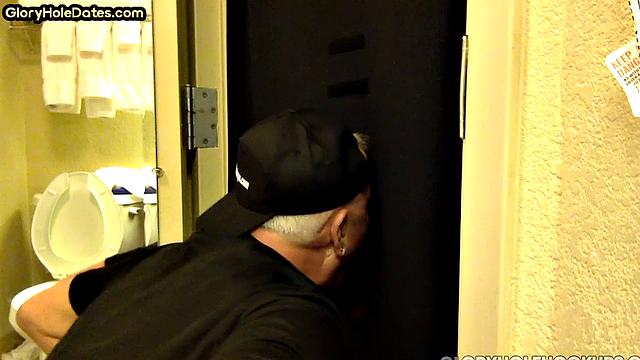 Gloryhole amateur DILF sucks penis at his home