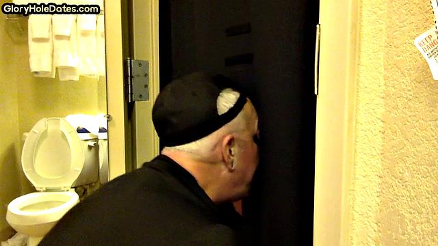 Gloryhole amateur DILF sucks penis at his home