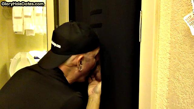 Gloryhole amateur DILF sucks penis at his home