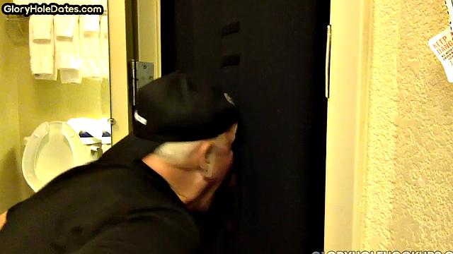 Gloryhole amateur DILF sucks penis at his home