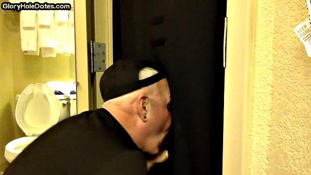 Gloryhole amateur DILF sucks penis at his home